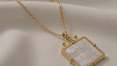 Gold Mother of Pearl Square Pendant Necklace | Elegant Vintage Women’s Necklace by AMBERÉA