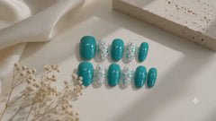 Teal Blue Floral Press On Nails | Handmade Reusable Flower Accent Nails by AMBERÉA
