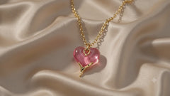 Pink Heart Pendant Necklace | Gold Tone Statement Chain Necklace by AMBERÉA