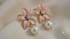 Pink Flower Pearl Drop Earrings | Gold Floral Statement Jewelry