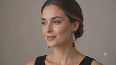 Blue Red Crystal Drop Earrings | Silver Geometric Statement Earrings