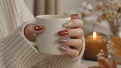 Brown Gold Foil Press On Nails | Fall Winter Short Oval Nails