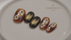 Autumn Floral Cat Eye Press On Nails – Amber Brown Gold Foil Short Square Fake Nails, Fall Winter Luxury Nail Set